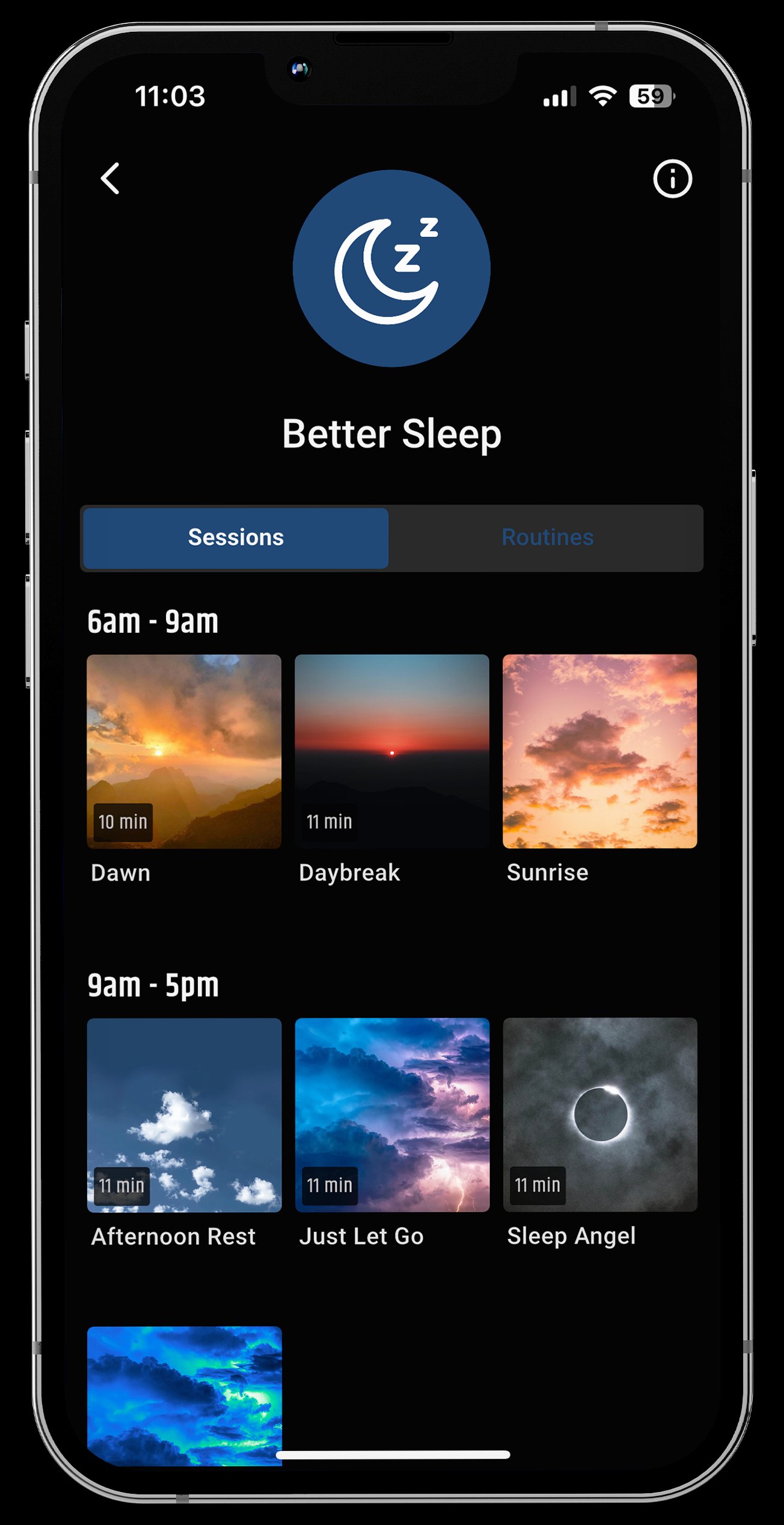 Better Sleep program in the NeuroVizr app with multiple session options like Dawn, Daybreak, Sunrise