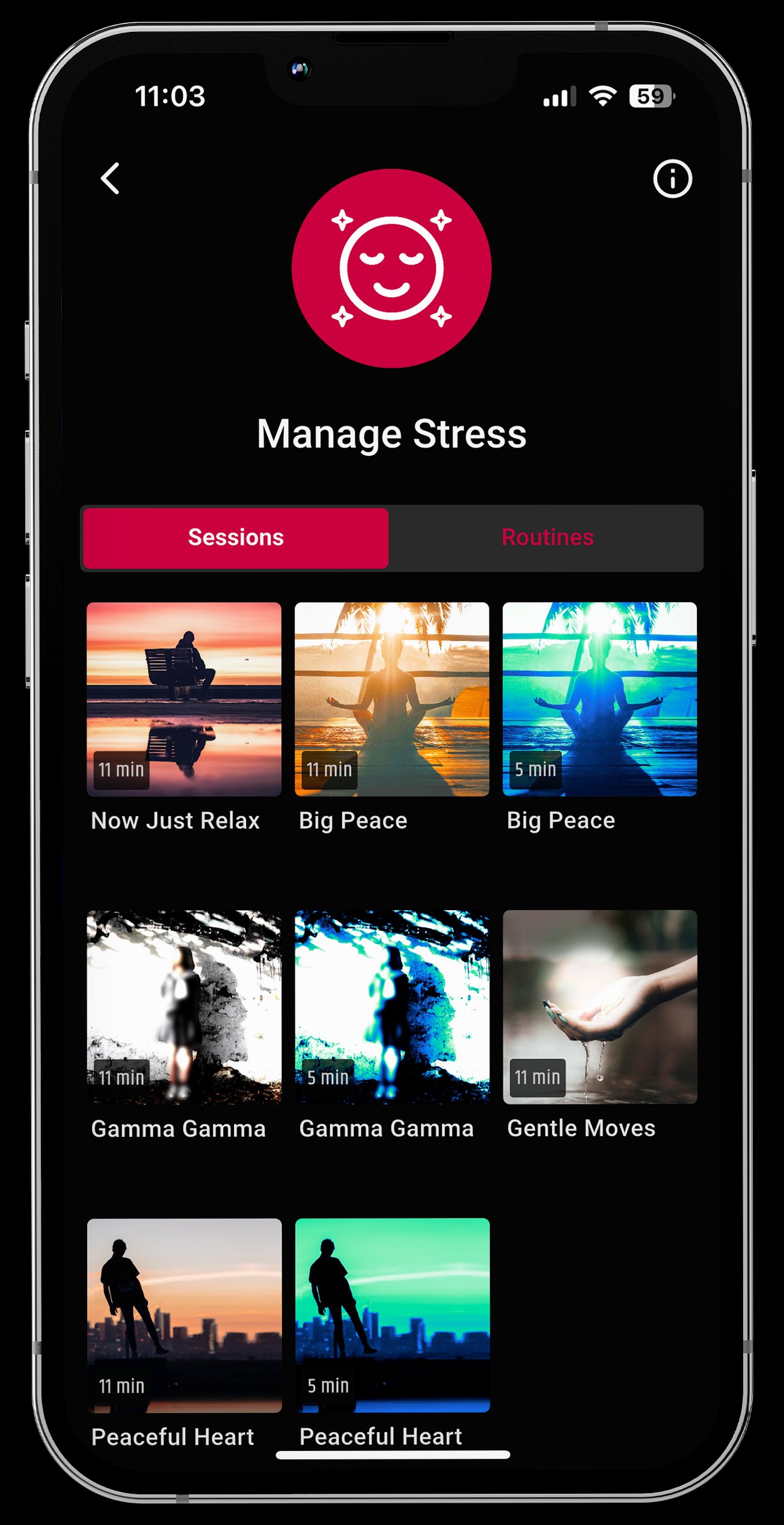 Manage Stress program in NeuroVizr app showing sessions like Now Just Relax, Big Peace, Gentle Moves