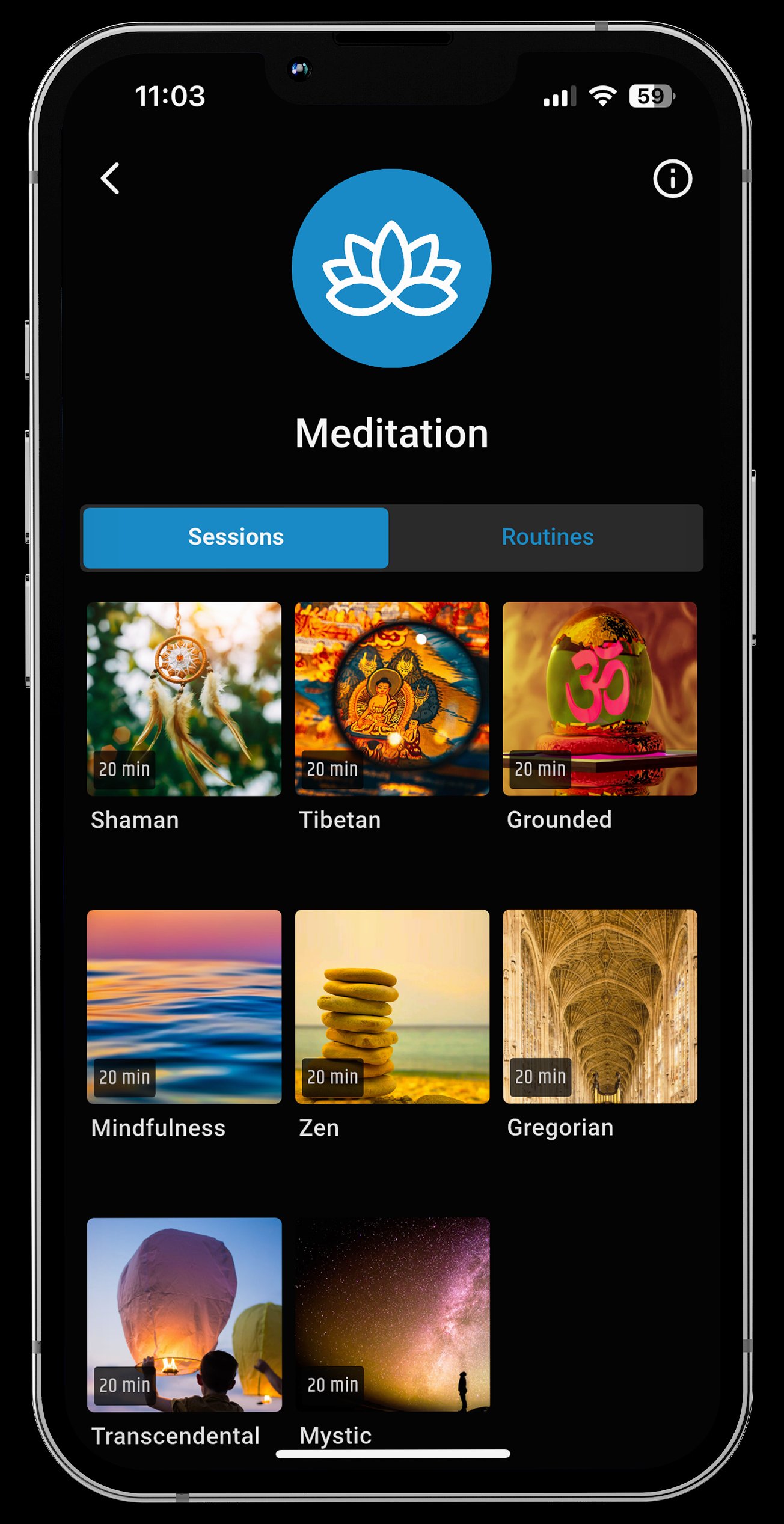 Meditation program in NeuroVizr app with sessions like Shaman, Tibetan, Mindfulness, Zen
