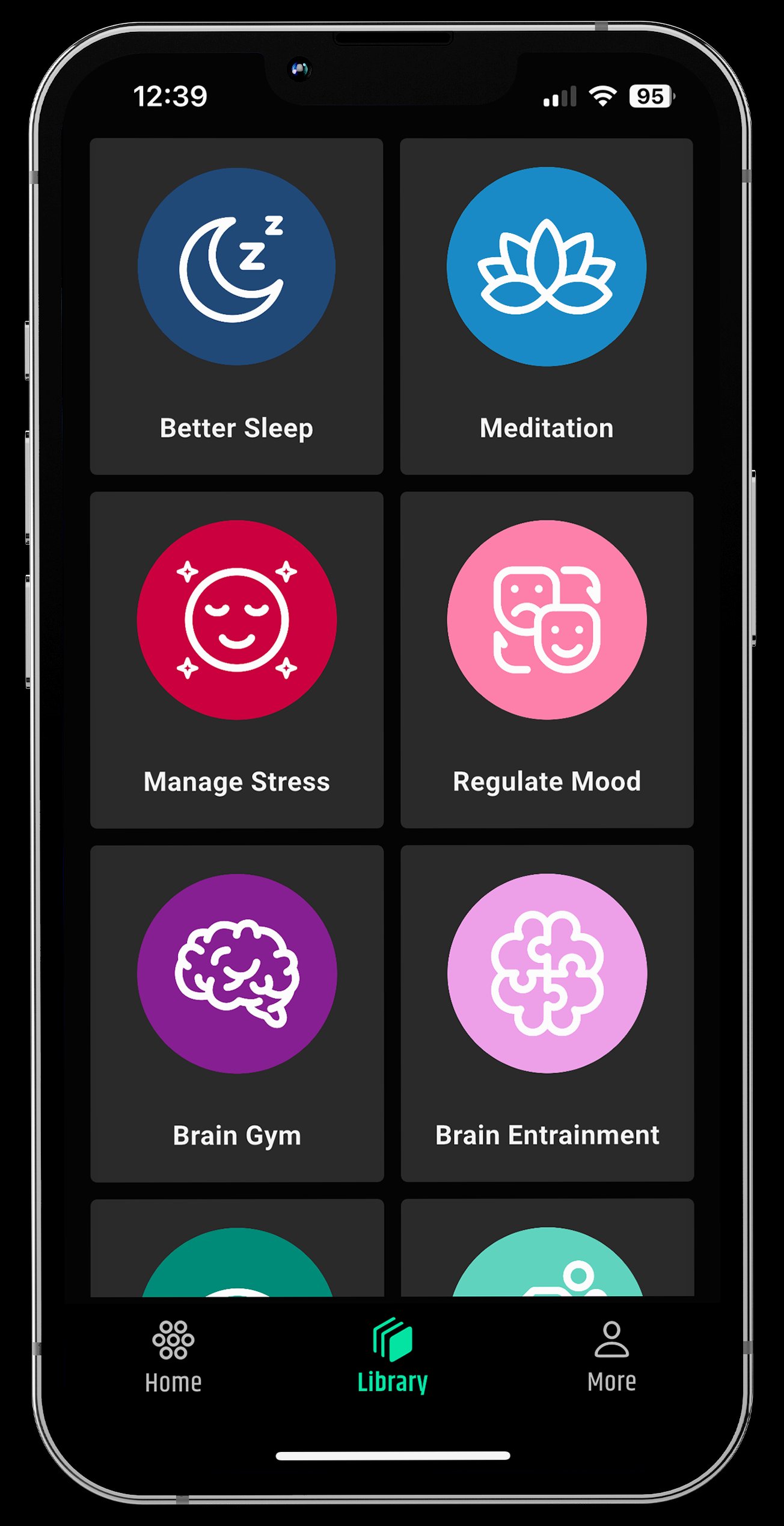 NeuroVizr companion app showing session library with categories: Better Sleep, Meditation, Manage Stress, Regulate Mood, Brain Gym