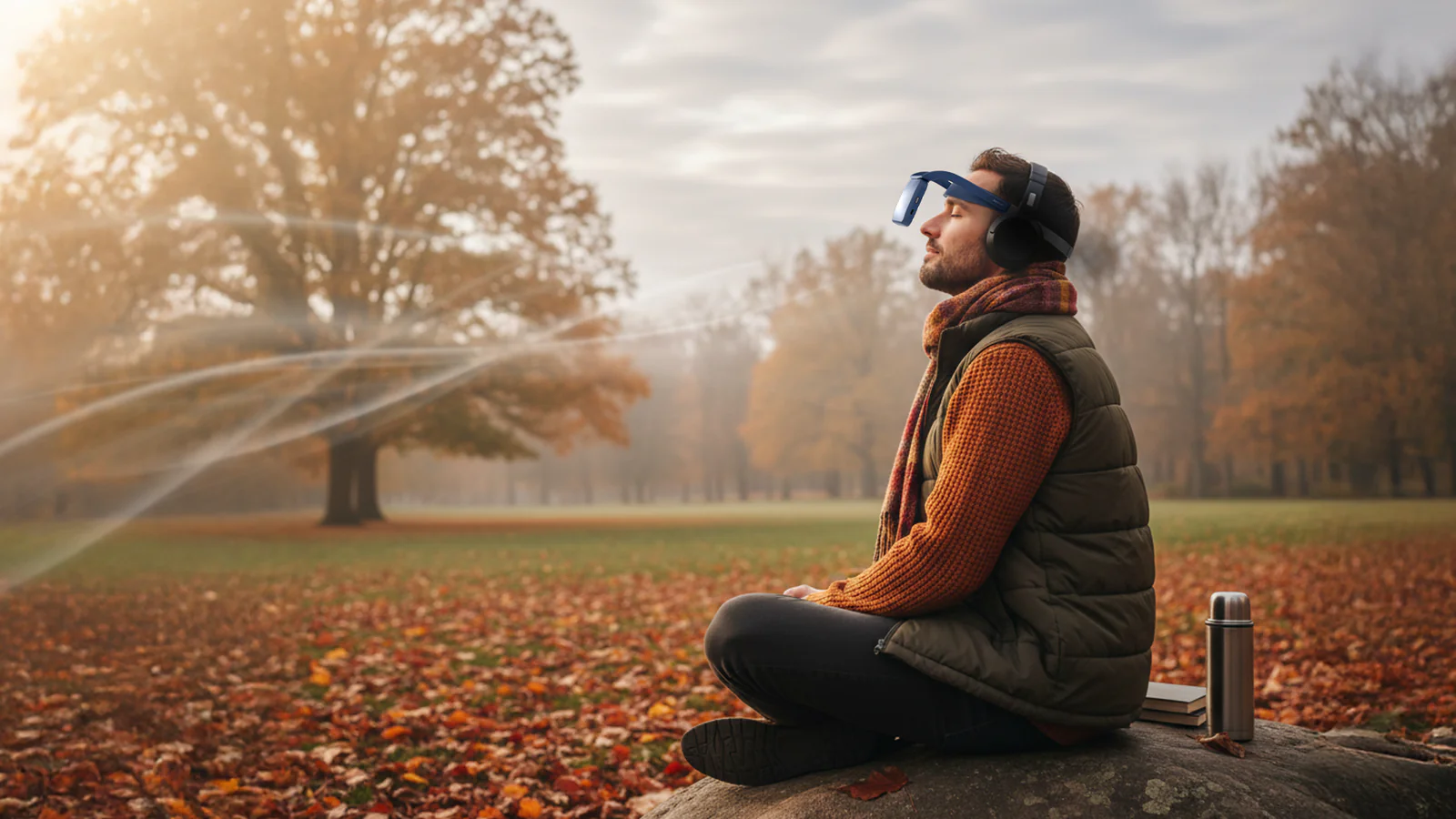 Man in autumn park practicing mindfulness with NeuroVizr
